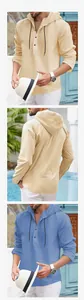Detail of men's hooded long sleeve shirt featuring breathable cotton linen texture