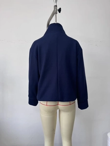 Back view of navy blue wool coat featuring standing collar and central seam detailing