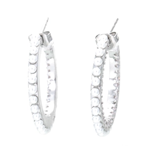 Chic silver C-shaped hoop earrings with embedded white pearls for a retro look