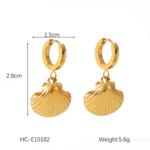 Detail view of 18K gold plated stainless steel seashell earrings with size dimensions