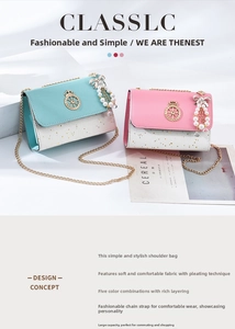 Detail of glitter base and pearl bow charm on blue and pink chain crossbody bags