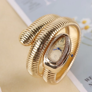Fashion Women Quartz Bracelet Watch Snake Shaped Wrap Around Metal Tubogas Strap Rhinestone Inlaid Waterproof Wristwatch