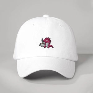White cotton baseball cap featuring a cute pink embroidered dinosaur holding a coffee cup