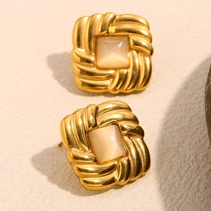 Macro detail of square gold stainless steel earrings with champagne cat eye stone inlay