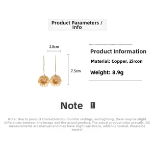 Detail view of 18K gold plated hollow flower earrings with zircon, size 2.8cm x 7.5cm