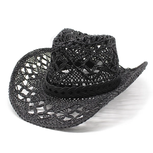 Classic black straw cowboy hat with breathable hollow-out weave and wide curved brim