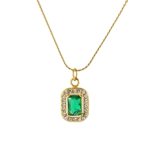 Gold stainless steel necklace with emerald green rectangular crystal and zircon border