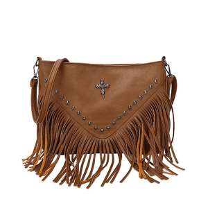 Sac bandoulière marron en PU avec franges, croix argentée vintage et rivets en métal