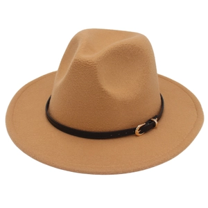 Classic camel wide brim fedora hat with black leather belt and golden metal buckle