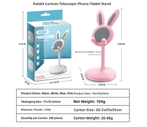 Close-up of pink rabbit phone stand showing adjustable height and non-slip EVA base
