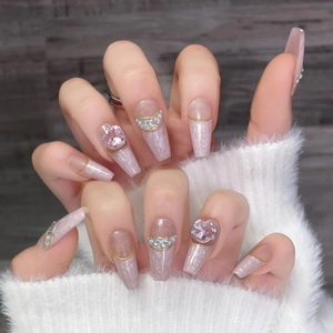 Handmade pink marble coffin nails with gold leaf, pearls and rhinestones for women