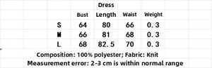 Size chart for halter neck crochet knit mini dress with bust and waist measurements