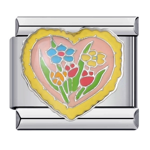 Italian modular charm bracelet in stainless steel with colorful enamel heart flower design