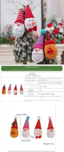 Detail view of knitted Christmas gnome ornaments with Santa, Snowman and Elk designs
