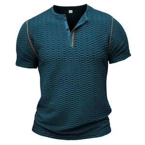 Groenblauwe heren Henley shirt met wafelstructuur en contrasterende stiksels