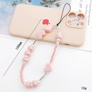 Pink heart beaded phone charm strap with pearls and beads on pink case 150mm