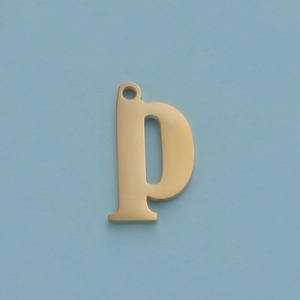 Detailed view of a gold lowercase p initial pendant with a smooth mirror finish
