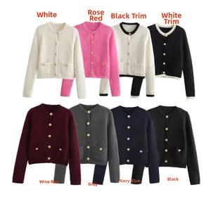 Multiple color options of buttoned knit cardigans in solid and contrast trim designs