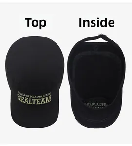 Detail of black military flat top cap showing cotton texture and adjustable strap back