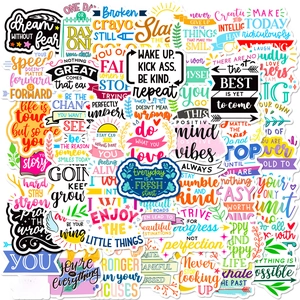 Set of 50 colorful motivational English quote stickers for water bottles and laptops