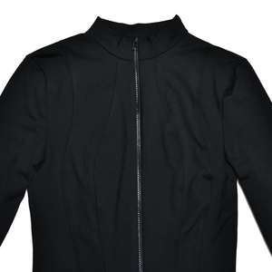 Detail of black long-sleeved bodysuit featuring a stand collar and front zipper closure