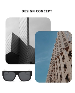 Design concept poster showing black square sunglasses with architectural inspiration