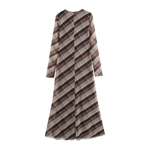 Elegantes langärmeliges Plaid-Netzkleid mit diagonalem Karomuster in Lila und Beige