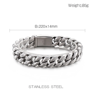 Detailed view of silver 316L stainless steel Cuban link bracelet with 220x14mm dimensions