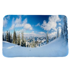 Winter snow mountain and forest landscape absorbent flannel floor mat for bathroom