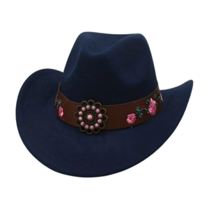 Detail of navy felt cowboy hat with leather band and pink floral embroidery