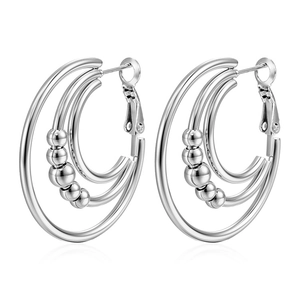 Three-layer stainless steel hoop earrings with beads and polished silver finish