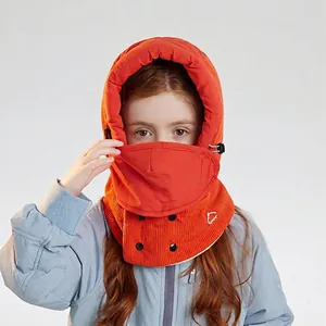 Orange kids winter trapper hat with integrated face mask and neck warmer for outdoors