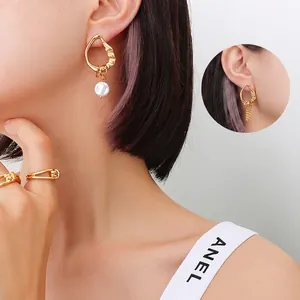 Asymmetric 18K gold plated titanium earrings with pearls and minimalist open ring set