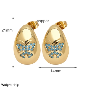 Detailed spec view of gold drop earrings with blue zircon butterfly and size markings