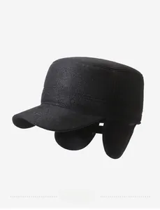 Detailed side view of black winter flat top hat for men with fleece lining and ear protection