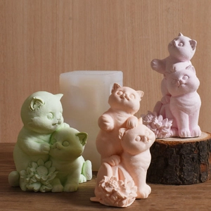 Cat pair silicone mold for DIY candles and plaster decor with 3D flower base detail