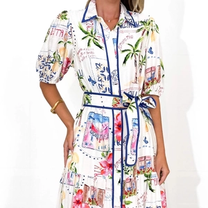 Damenkleid aus Baumwolle und Leinen in Weiß mit Blumenmuster und blauem italienischem Print