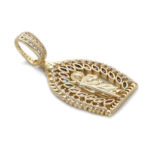 Detail view of 14K gold-plated Virgin Mary pendant with colorful zircon leaf accents