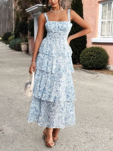Detail view of floral chiffon maxi dress with layered ruffles and spaghetti straps