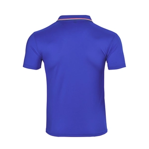 Detailed back view of a royal blue short-sleeved polo shirt with tricolor collar stripes