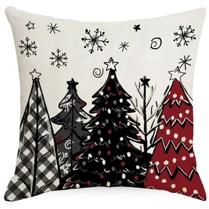 Christmas tree pillow cover with hand-drawn buffalo plaid patterns on white background