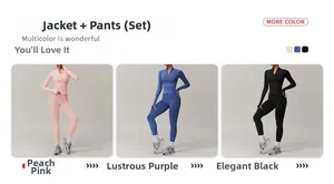 Women's athletic sets in pink, purple, and black featuring zip-up jackets and high-waist leggings