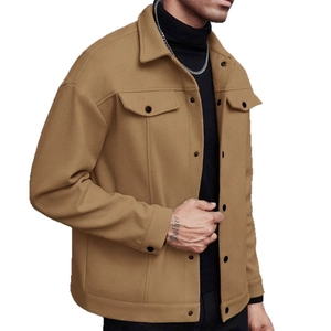 Men's khaki wool-look lapel jacket with buttoned chest pockets for casual business wear