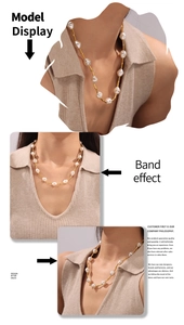 Baroque irregular pearl necklace with gold tube spacers worn by a model in a close-up view