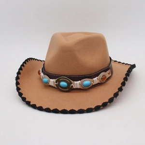 Ethnic Western cowboy hat in camel felt with turquoise stone band and wave stitching