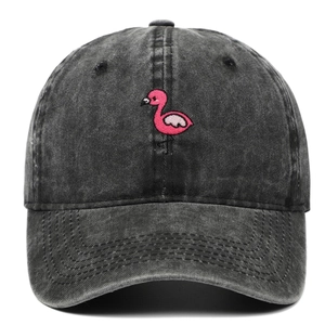 Vintage washed charcoal cotton baseball cap featuring a pink flamingo embroidery