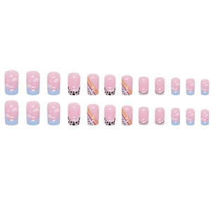 Summer press-on nails set with cow print, blue clouds, and colorful stripe patterns