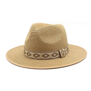 Detail of hand-woven straw fedora with patterned trim and reinforced edge binding