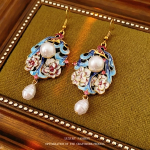 Vintage Cloisonne Enamel Floral Dangle Earrings With Faux Artificial Pearl Rhinestone Alloy And Steel Earring Post Ethnic Style