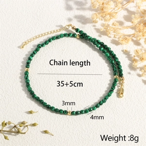 Detail of 4mm green malachite beaded necklace with 35+5cm adjustable gold chain clasp